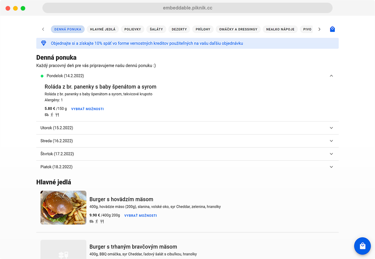UI online objednávania na desktop zariadení
