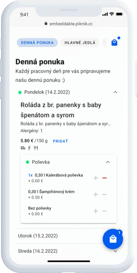 UI online objednávania na mobilnom zariadení